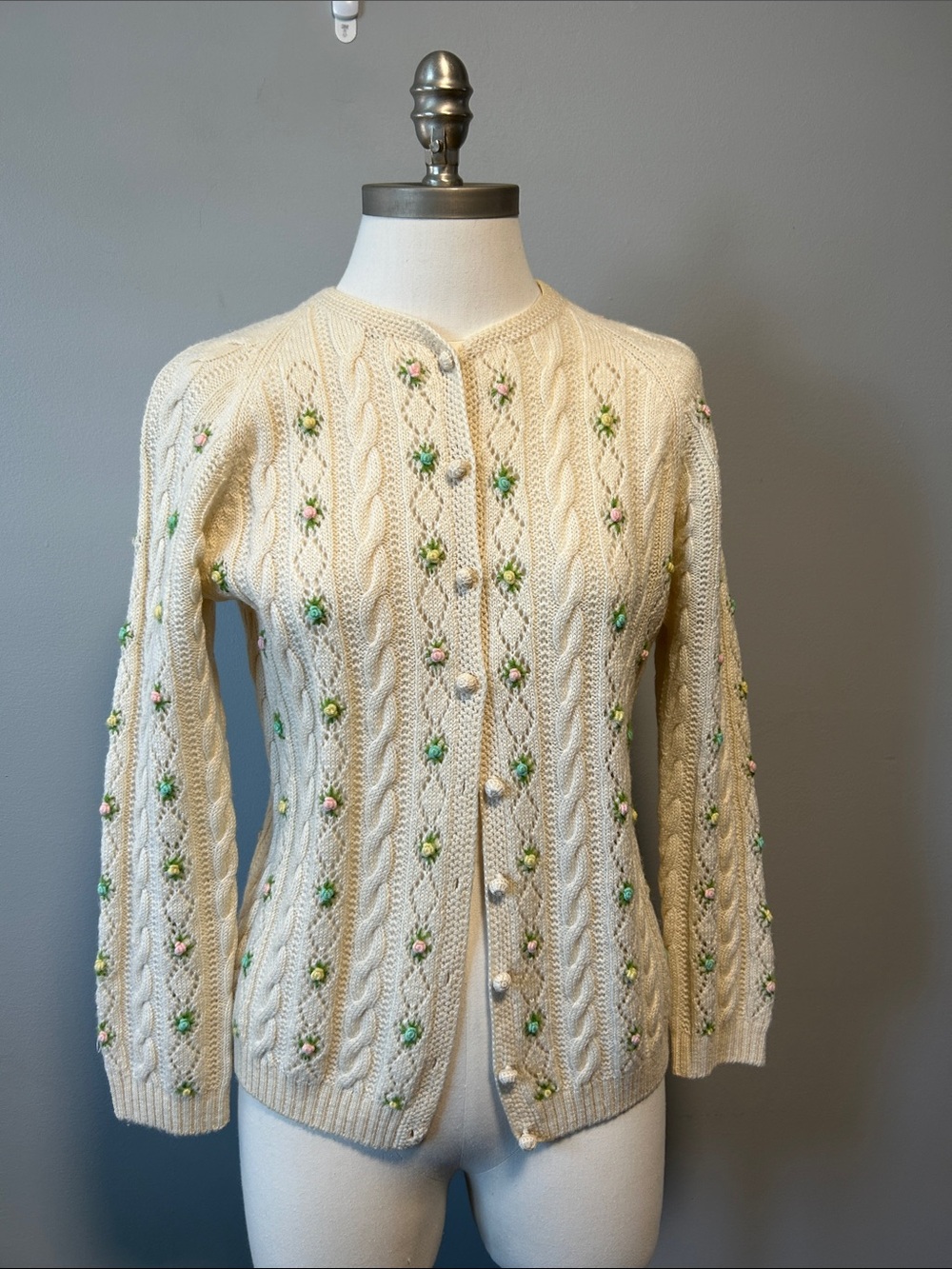 Vintage Simpson’s Hand Embroidered Floral Cottagecore Wool Cardigan Sweater